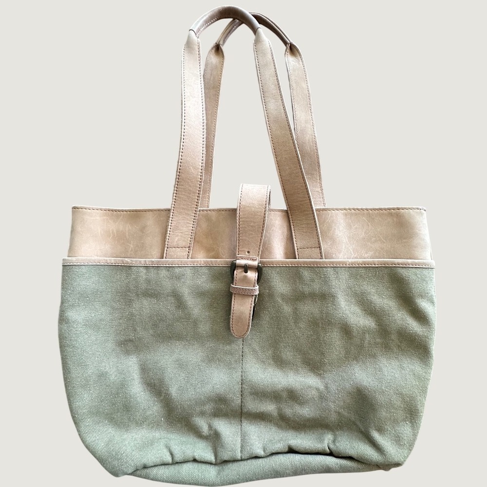 LL Bean Canvas Leather Trim Tote Bag Olive Green Tan 0BWA6 CNLP1030